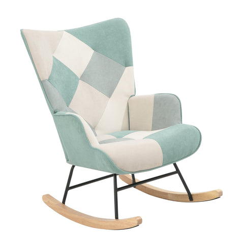 Rocking Chair with ottoman, Mid Century Fabric Rocker Chair with Wood Legs and Patchwork Linen for Livingroom Bedroom