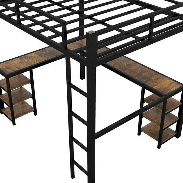 Full Metal Loft Bed with Desk and Shelves, Loft Bed with Ladder and Guardrails, Loft Bed Frame for Bedroom, Black