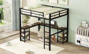 Full Metal Loft Bed with Desk and Shelves, Loft Bed with Ladder and Guardrails, Loft Bed Frame for Bedroom, Black