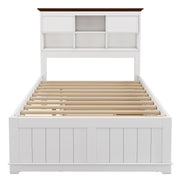 Solid Pine Captain Bookcase Bed with Trundle Bed and 3 Spacious Under Bed Drawers in Casual,Full, White+Walnut