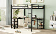 Full Metal Loft Bed with Desk and Shelves, Loft Bed with Ladder and Guardrails, Loft Bed Frame for Bedroom, Black