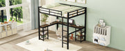 Full Metal Loft Bed with Desk and Shelves, Loft Bed with Ladder and Guardrails, Loft Bed Frame for Bedroom, Black