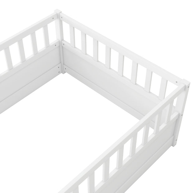 Double bed floor standing bed with ultra-high safety barrier, children's floor standing bed frame, Montessori wooden white