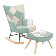 Rocking Chair with ottoman, Mid Century Fabric Rocker Chair with Wood Legs and Patchwork Linen for Livingroom Bedroom