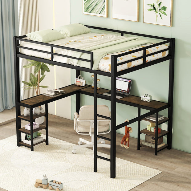 Full Metal Loft Bed with Desk and Shelves, Loft Bed with Ladder and Guardrails, Loft Bed Frame for Bedroom, Black