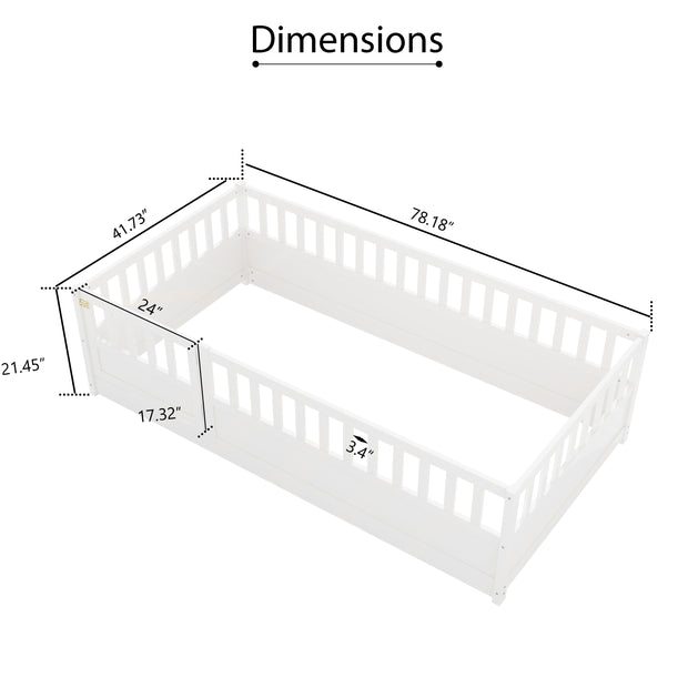 Double bed floor standing bed with ultra-high safety barrier, children's floor standing bed frame, Montessori wooden white