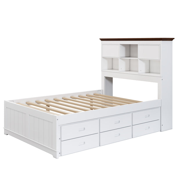 Solid Pine Captain Bookcase Bed with Trundle Bed and 3 Spacious Under Bed Drawers in Casual,Full, White+Walnut