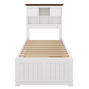 Solid Pine Captain Bookcase Bed with Trundle Bed and 3 Spacious Under Bed Drawers in Casual,Twin, White+Walnut