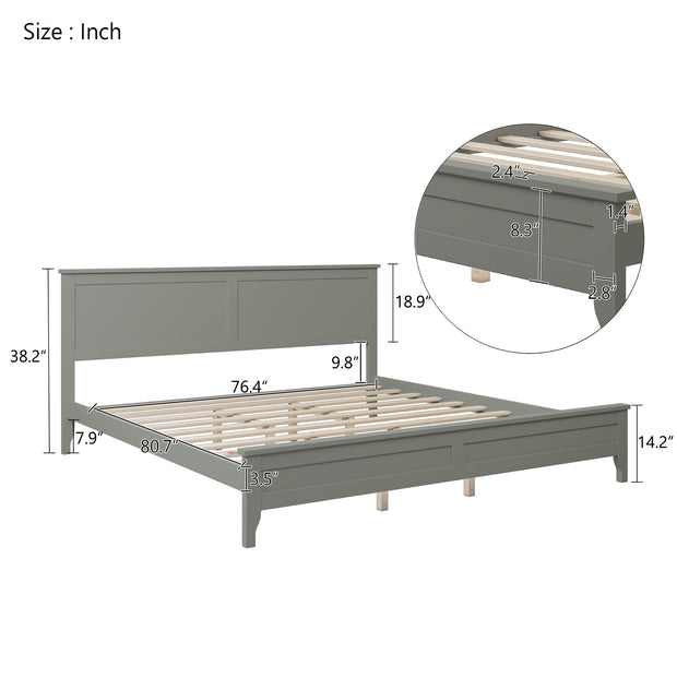 Modern Gray Solid Wood King Platform Bed