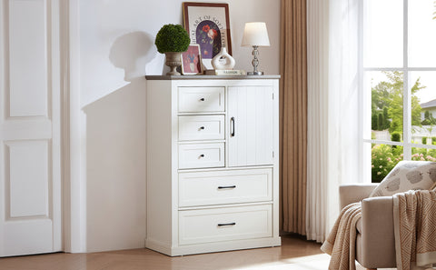 Farmhouse 5 drawer bedroom dressing table, high drawer cabinet white wooden bedroom dressing table.