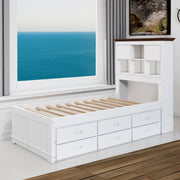 Solid Pine Captain Bookcase Bed with Trundle Bed and 3 Spacious Under Bed Drawers in Casual,Twin, White+Walnut