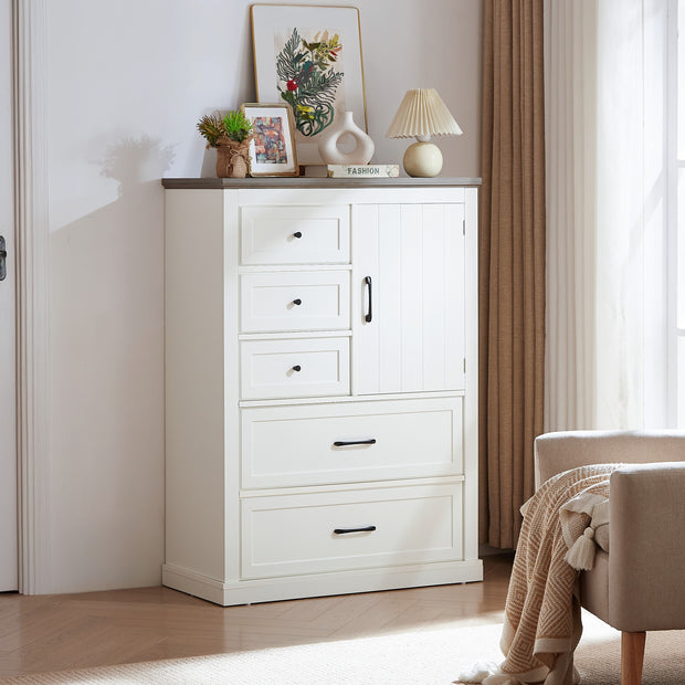 Farmhouse 5 drawer bedroom dressing table, high drawer cabinet white wooden bedroom dressing table.