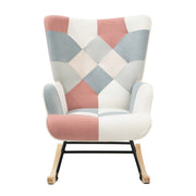 Rocking Chair with ottoman, Mid Century Fabric Rocker Chair with Wood Legs and Patchwork Linen for Livingroom Bedroom