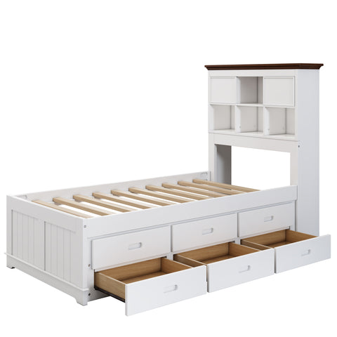 Solid Pine Captain Bookcase Bed with Trundle Bed and 3 Spacious Under Bed Drawers in Casual,Twin, White+Walnut