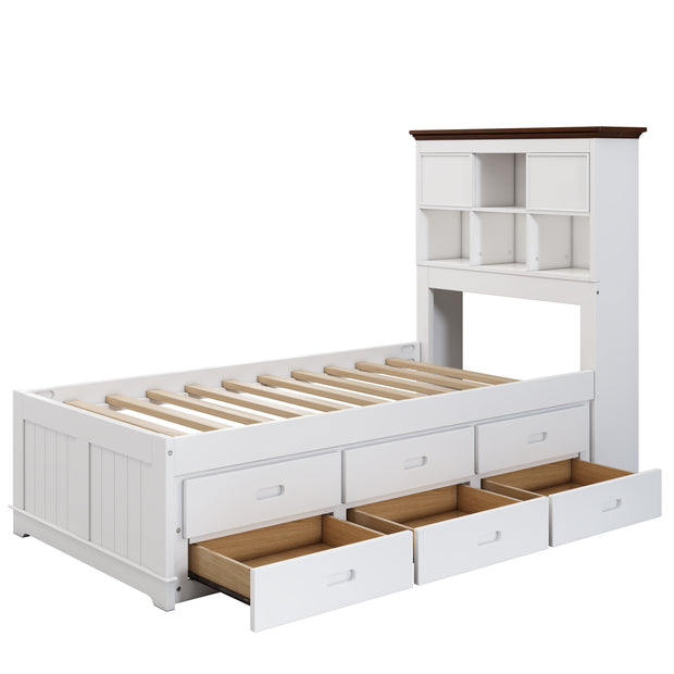 Solid Pine Captain Bookcase Bed with Trundle Bed and 3 Spacious Under Bed Drawers in Casual,Twin, White+Walnut