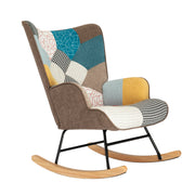 Rocking Chair with ottoman, Mid Century Fabric Rocker Chair with Wood Legs and Patchwork Linen for Livingroom Bedroom