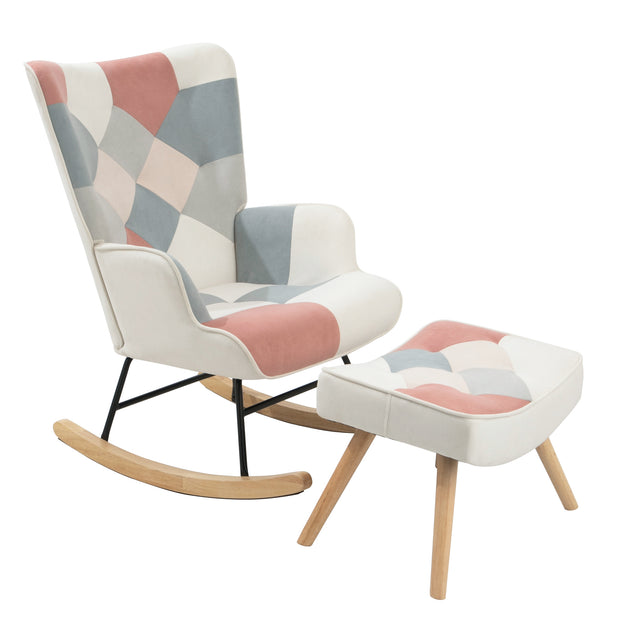 Rocking Chair with ottoman, Mid Century Fabric Rocker Chair with Wood Legs and Patchwork Linen for Livingroom Bedroom