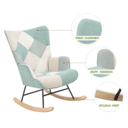 Rocking Chair with ottoman, Mid Century Fabric Rocker Chair with Wood Legs and Patchwork Linen for Livingroom Bedroom