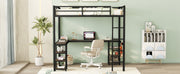 Full Metal Loft Bed with Desk and Shelves, Loft Bed with Ladder and Guardrails, Loft Bed Frame for Bedroom, Black