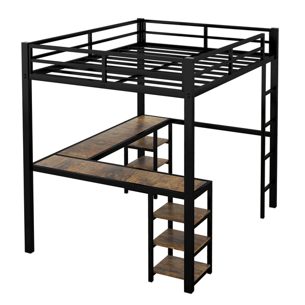 Full Metal Loft Bed with Desk and Shelves, Loft Bed with Ladder and Guardrails, Loft Bed Frame for Bedroom, Black