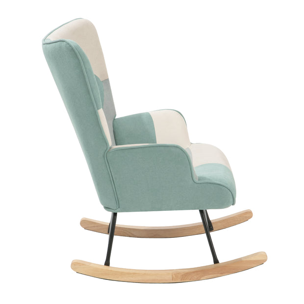 Rocking Chair with ottoman, Mid Century Fabric Rocker Chair with Wood Legs and Patchwork Linen for Livingroom Bedroom