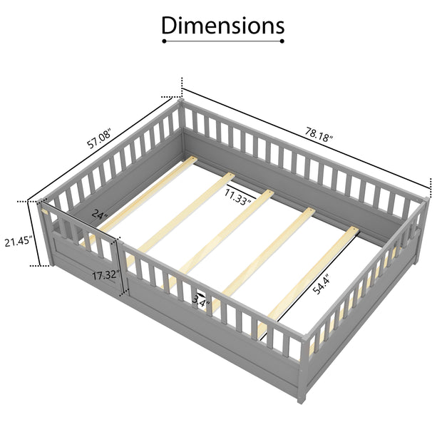 Full size floor bed, children's floor bed frame, Montessori wood floor bed, support Flat noodles gray