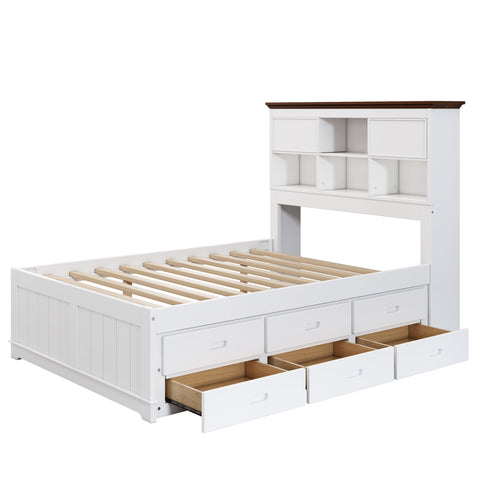 Solid Pine Captain Bookcase Bed with Trundle Bed and 3 Spacious Under Bed Drawers in Casual,Full, White+Walnut