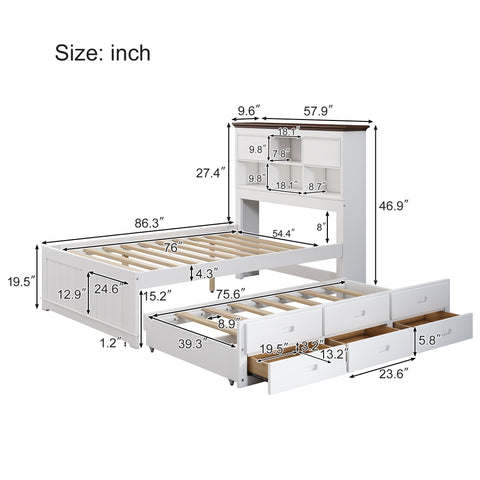 Solid Pine Captain Bookcase Bed with Trundle Bed and 3 Spacious Under Bed Drawers in Casual,Full, White+Walnut