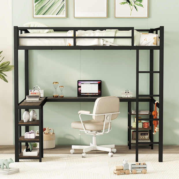 Full Metal Loft Bed with Desk and Shelves, Loft Bed with Ladder and Guardrails, Loft Bed Frame for Bedroom, Black