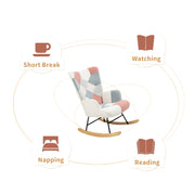 Rocking Chair with ottoman, Mid Century Fabric Rocker Chair with Wood Legs and Patchwork Linen for Livingroom Bedroom